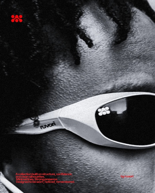 Extreme close-up of a man's braids and face with white Ruvori sunglasses, the red Ruvori mark and the CORE by ruvori text.