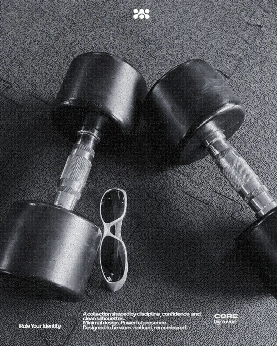 A pair of silver Ruvori sunglasses resting between two black dumbbells on a gym floor, in black and white.