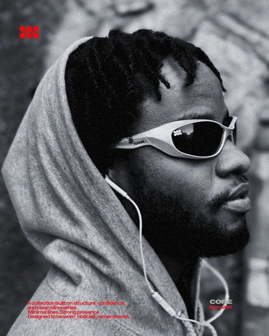 Side profile of a man in a gray hood and white Ruvori sunglasses with earphones, in black and white, with the red Ruvori mark and CORE by ruvori text.