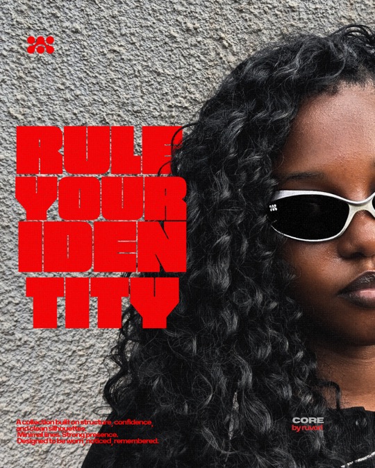 Woman with dark curly hair in gray Ruvori sunglasses, next to the words Rule your identity in red.